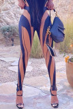 Khaki Casual Street Sportswear Striped See-through Skinny Mid Waist Pencil Positioning Print Bottoms