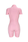 Pink Casual Work Street Solid Patchwork Zipper O Neck Skinny Rompers