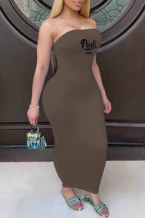Coffee Sexy Print Letter Strapless Pencil Skirt Dresses