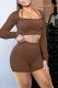 Coffee Casual Sportswear Solid Patchwork Square Collar Long Sleeve Two Pieces