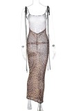 Leopard Print Sexy Solid Bandage See-through Backless U Neck Long Dress Dresses