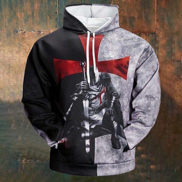 Black Gray Men's Casual Contrast Print Hoodie