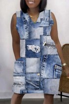 Light Blue Casual Print Basic V Neck Sleeveless Dress Dresses
