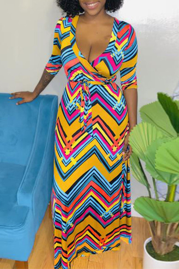 Stripe Casual Work Elegant Striped Frenulum V Neck A Line Dresses(With Belt)