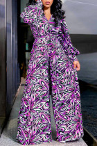 Purple Casual Street Elegant Print Frenulum Buttons V Neck Loose Jumpsuits(With Belt)