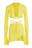 Yellow Fashion Sexy Solid Bandage Slit V Neck Long Sleeve Two Pieces