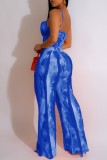 Blue Sexy Casual Print Tassel Backless Spaghetti Strap Sleeveless Two Pieces