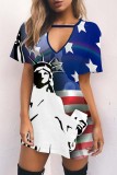 Multicolor Casual Print Hollowed Out V Neck Short Sleeve Dress
