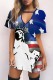 Dark Blue Casual Print Hollowed Out V Neck Short Sleeve Dress
