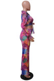 Colour Casual Work Street Print Patchwork Frenulum V Neck Long Sleeve Two Pieces