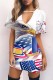 White Blue Casual Print Hollowed Out V Neck Short Sleeve Dress