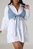 White Casual Solid Basic Turndown Collar Long Sleeve Two Pieces