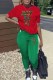 Green Casual Print Letter O Neck Short Sleeve Two Pieces