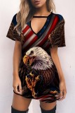 Multicolor Casual Print Hollowed Out V Neck Short Sleeve Dress