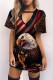 Dark Brown Casual Print Hollowed Out V Neck Short Sleeve Dress
