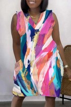 Pink Casual Print Basic V Neck Sleeveless Dress Dresses