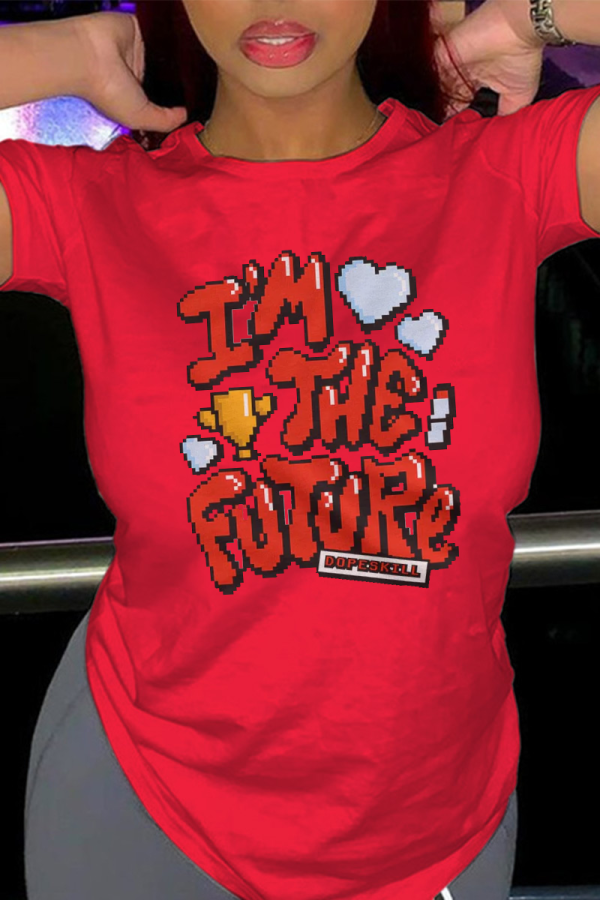 Red Street Daily Print Patchwork Letter O Neck T-Shirts