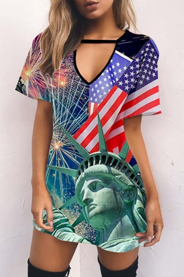Cyan Casual Print Hollowed Out V Neck Short Sleeve Dress