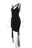 Black Sexy Solid Patchwork Backless Oblique Collar Sleeveless Dress Dresses