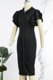 Black Elegant Solid Patchwork Flounce Turndown Collar Pencil Skirt Dresses