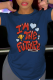 Navy Blue Street Daily Print Patchwork Letter O Neck T-Shirts