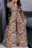 Yellow Casual Street Elegant Print Frenulum Buttons V Neck Loose Jumpsuits(With Belt)