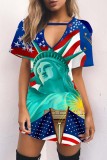 Multicolor Casual Print Hollowed Out V Neck Short Sleeve Dress