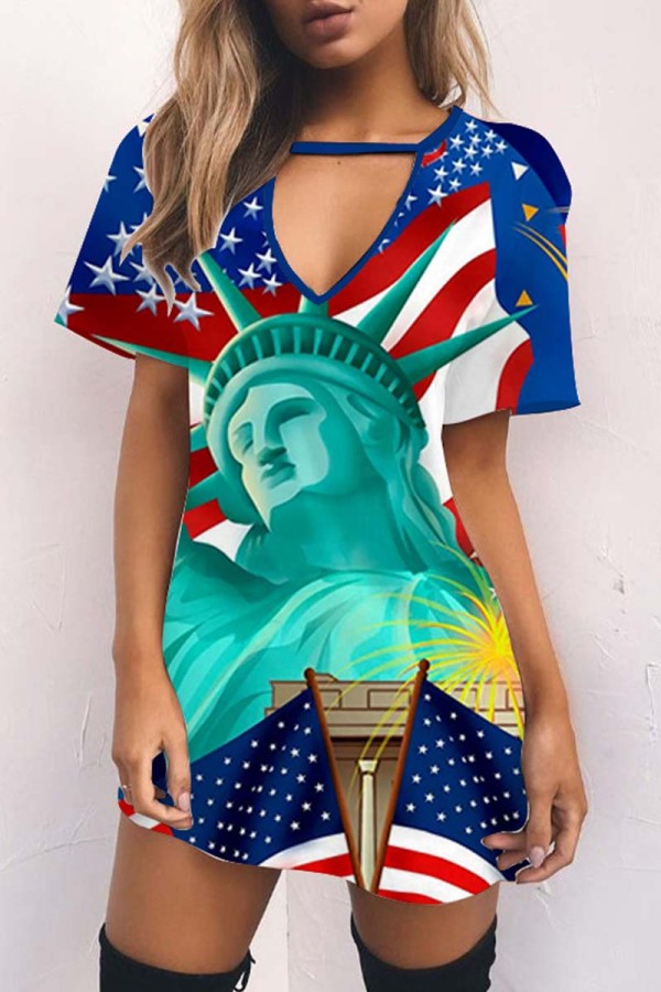Royal Blue Casual Print Hollowed Out V Neck Short Sleeve Dress