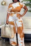Yellow Casual Work Elegant Print Zipper Oblique Collar Regular Jumpsuits(With Black Belt)