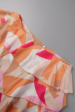 Orange Casual Elegant Print Flounce Oblique Collar Asymmetrical Dresses