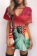 Red Casual Print Hollowed Out V Neck Short Sleeve Dress