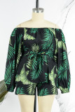 Green Casual Print Bandage Patchwork Off the Shoulder Plus Size Two Pieces