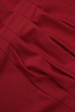 Red Casual Solid Bandage Patchwork Fold O Neck One Step Skirt Dresses