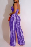 Purple Sexy Casual Print Tassel Backless Spaghetti Strap Sleeveless Two Pieces