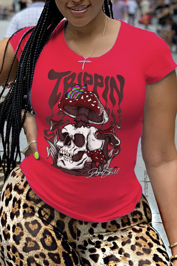 Red Street Vintage Skull Patchwork O Neck T-Shirts