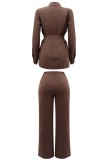 Brown Casual Solid Basic Half A Turtleneck Long Sleeve Two Pieces