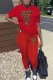 Red Casual Print Letter O Neck Short Sleeve Two Pieces