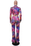 Colour Casual Work Street Print Patchwork Frenulum V Neck Long Sleeve Two Pieces