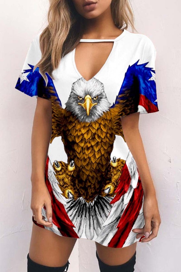 White Gold Casual Print Hollowed Out V Neck Short Sleeve Dress