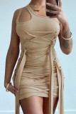 Black Sexy Solid Patchwork Backless Oblique Collar Sleeveless Dress Dresses