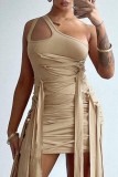 Black Sexy Solid Patchwork Backless Oblique Collar Sleeveless Dress Dresses