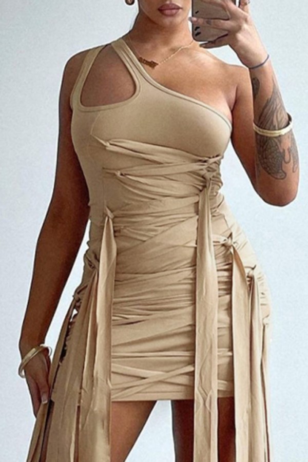 Khaki Sexy Solid Patchwork Backless Oblique Collar Sleeveless Dress Dresses