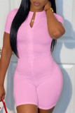 Pink Casual Work Street Solid Patchwork Zipper O Neck Skinny Rompers