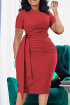 Red Casual Solid Bandage Patchwork Fold O Neck One Step Skirt Dresses