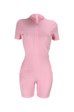 Pink Casual Work Street Solid Patchwork Zipper O Neck Skinny Rompers