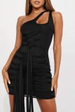 Black Sexy Solid Patchwork Backless Oblique Collar Sleeveless Dress Dresses