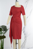 Red Casual Solid Bandage Patchwork Fold O Neck One Step Skirt Dresses