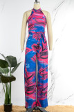 Blue Sexy Print Patchwork O Neck Straight Jumpsuits