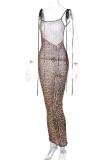 Leopard Print Sexy Solid Bandage See-through Backless U Neck Long Dress Dresses