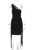 Black Sexy Solid Patchwork Backless Oblique Collar Sleeveless Dress Dresses